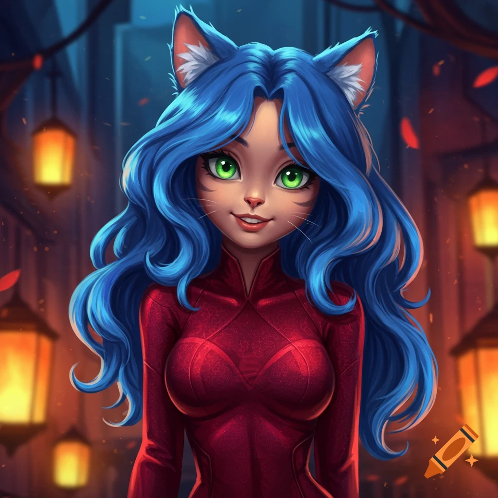 Stylized portrait of a cat girl with blue hair, green eyes, and a red outfit, standing on a dark street with lanterns.