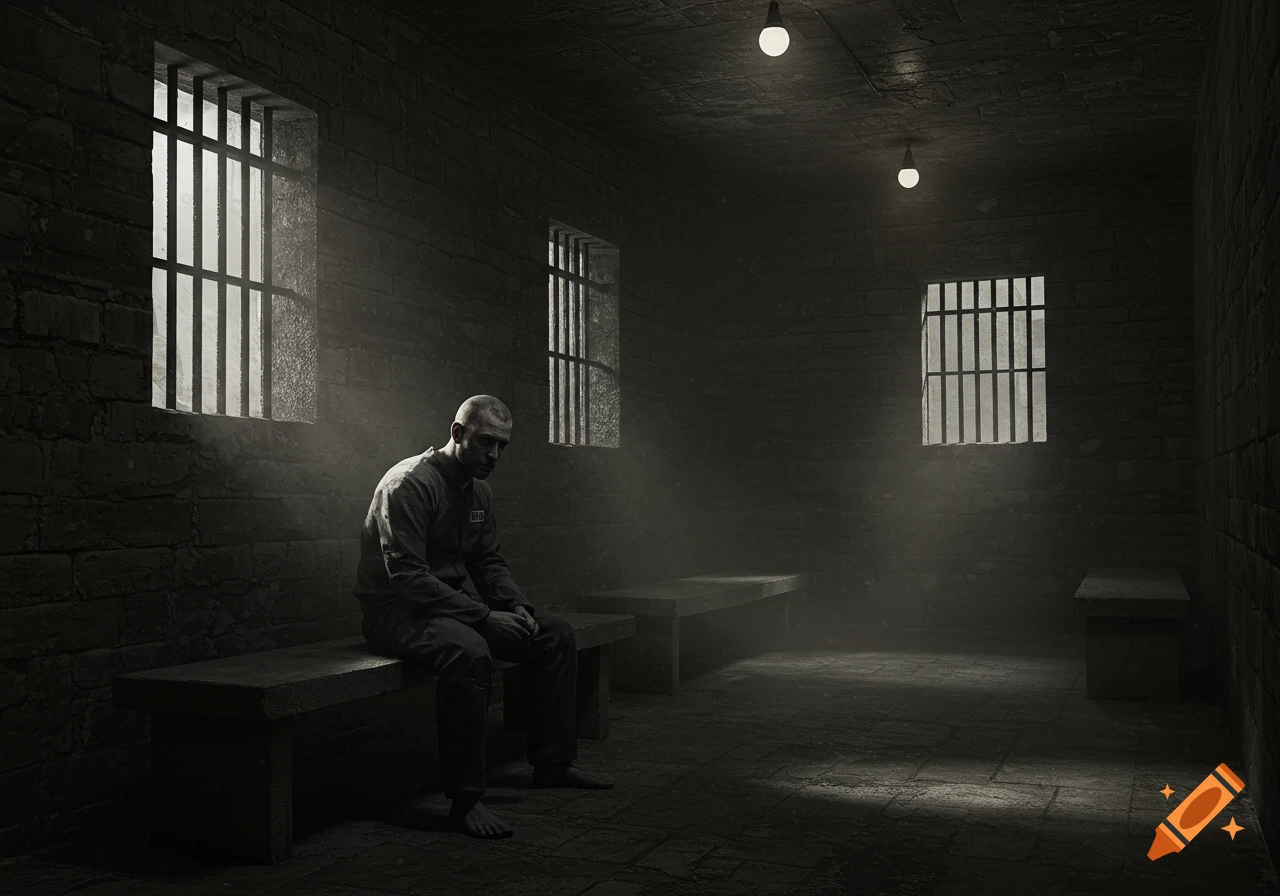 A somber man in a uniform sits on a stone bench in a dimly lit, barred prison cell in a photorealistic style.