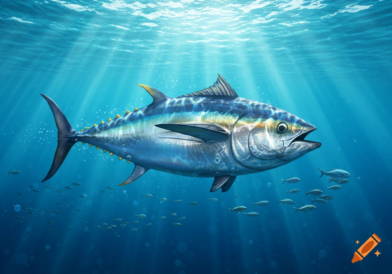 A detailed illustration of a large bluefin tuna swimming underwater with sunlight rays beaming down from the surface.