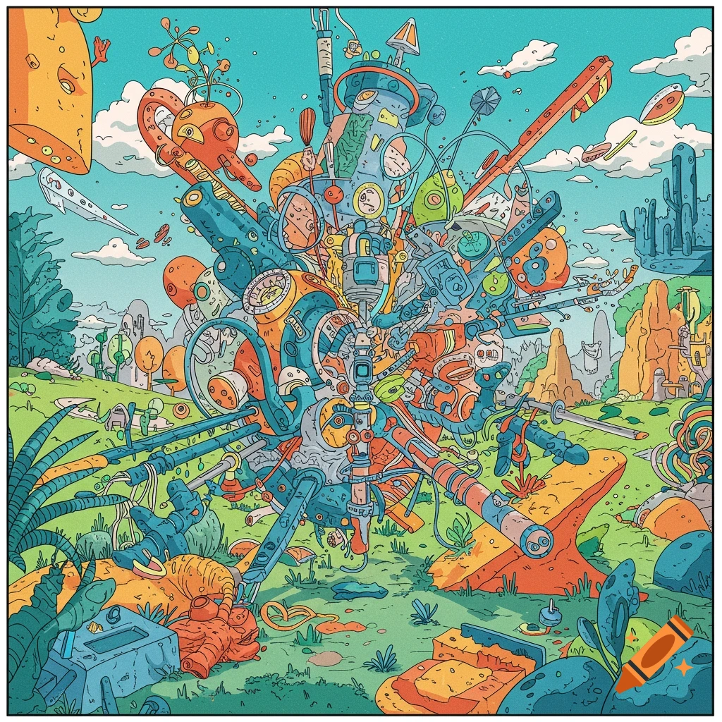 A vibrant, cartoon-style illustration of a complex, abstract mechanical structure exploding outwards in a fantastical landscape under a blue sky.