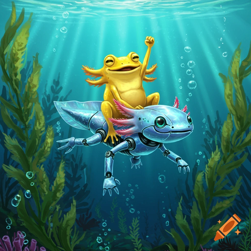 A vibrant cartoon of a happy yellow frog riding a blue robotic axolotl through clear underwater kelp forests with sun rays.