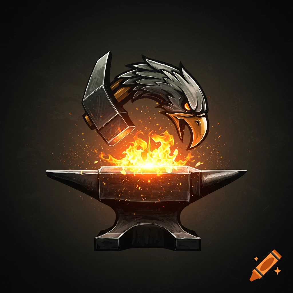 A stylized illustration of an eagle head shaped like a hammer striking a fiery anvil.