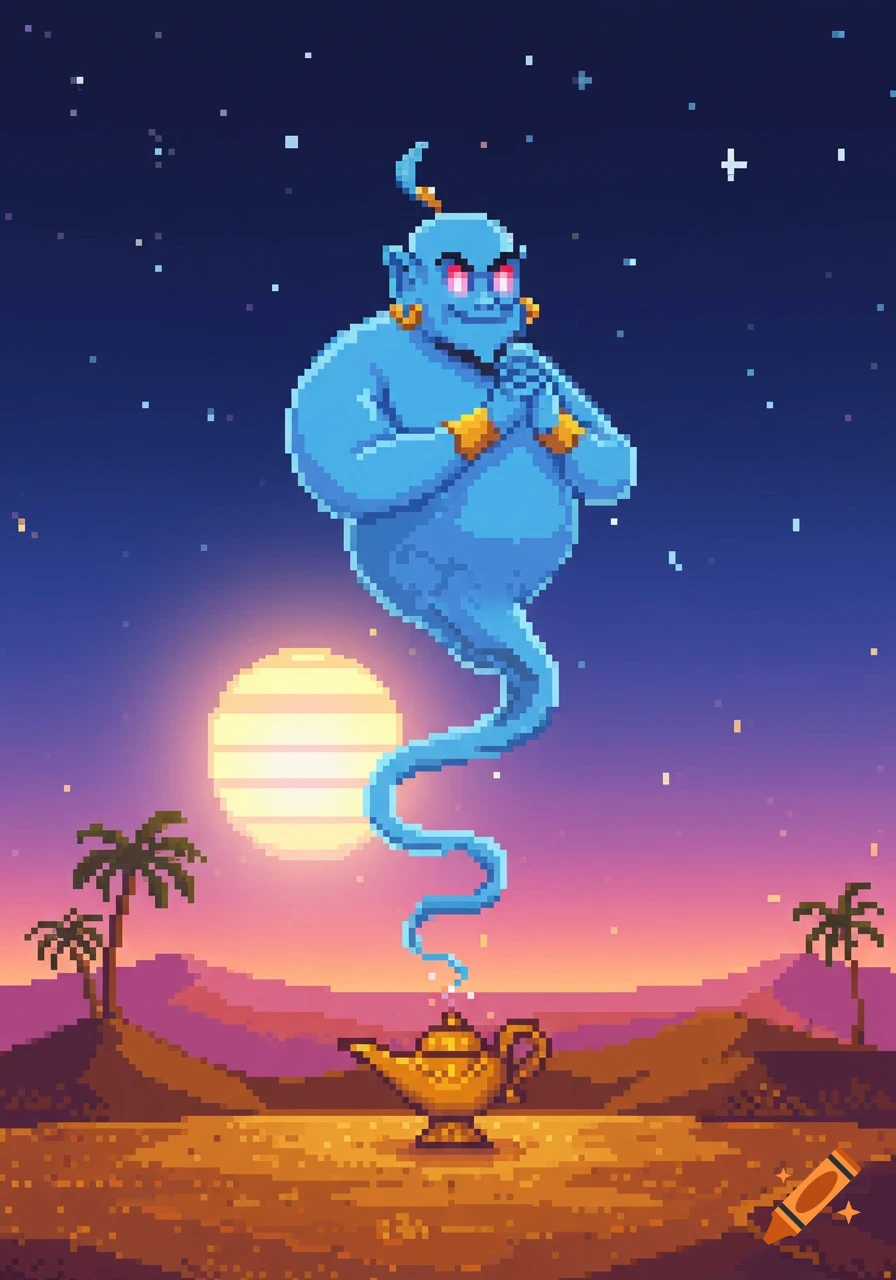 Pixel art of a blue genie floating above a golden lamp in a desert landscape at night with a full moon and palm trees.