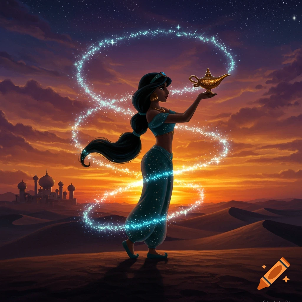 A stylized image of Princess Jasmine holding a magic lamp, with a glowing trail, against a sunset desert landscape with a palace in the distance.