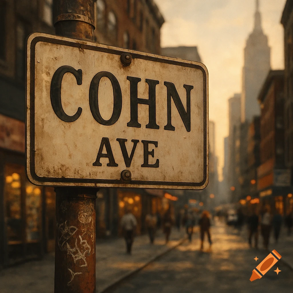 A close-up, photorealistic view of a weathered street sign reading 'COHN AVE' on a city street at sunset, with blurry buildings and people in the background.