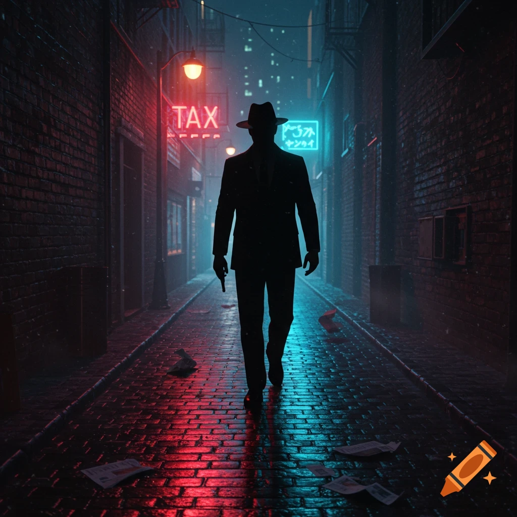 A silhouetted man in a fedora and suit walks through a dark, rainy city alley lit by red and blue neon signs.