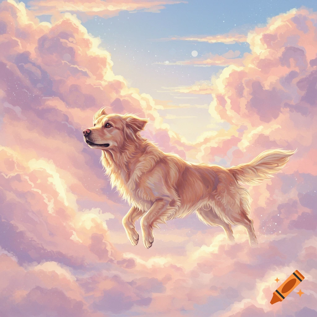 A golden retriever dog flies gracefully through pink and purple clouds in a dreamy sky.