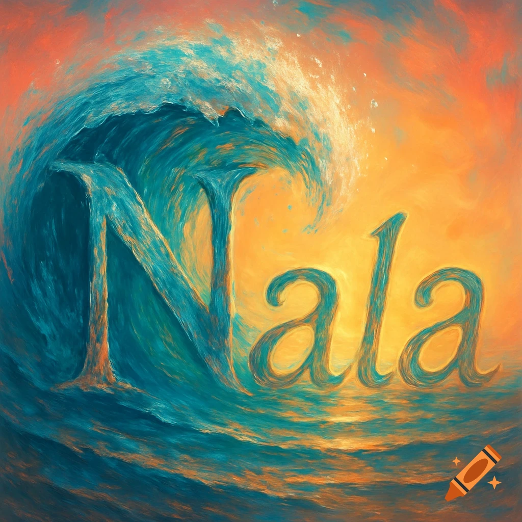 The word "Nala" formed by a powerful blue and teal ocean wave, set against an orange and yellow sunset sky, in an artistic style.