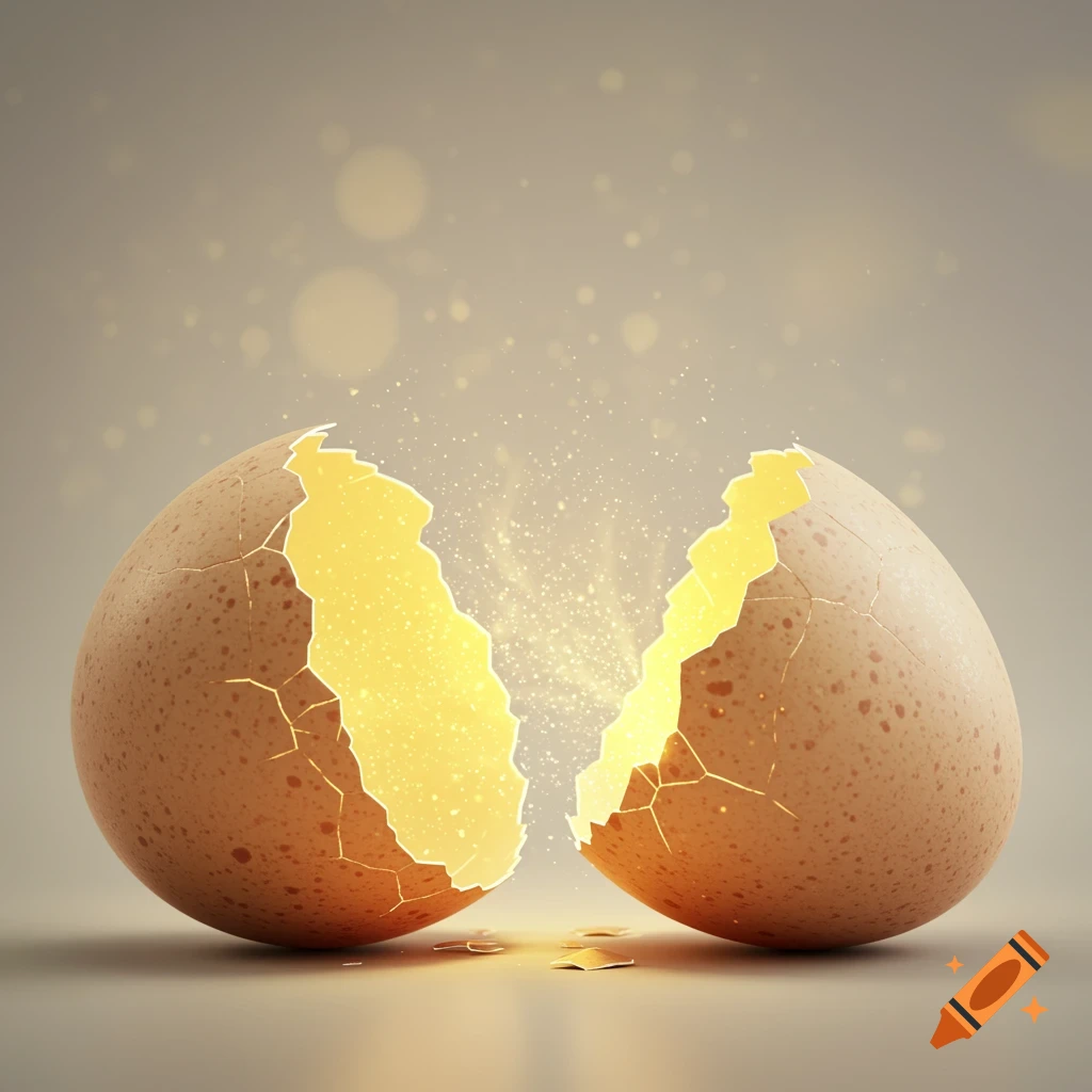 A light brown egg cracking open with glowing golden light and particles emerging from within.