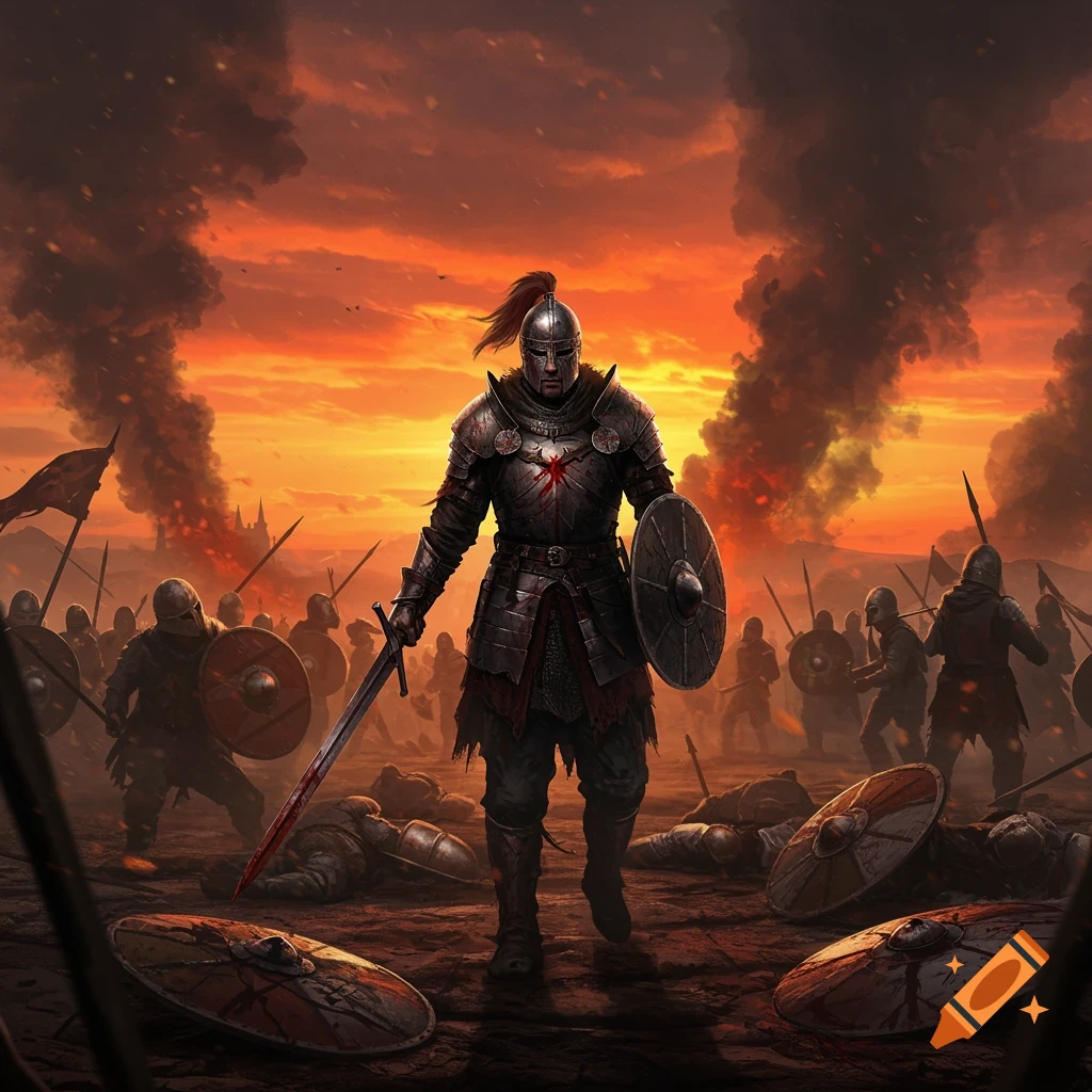 A heavily armored knight stands on a smoky battlefield amidst fallen warriors under an orange sky, holding a bloodied sword and shield.
