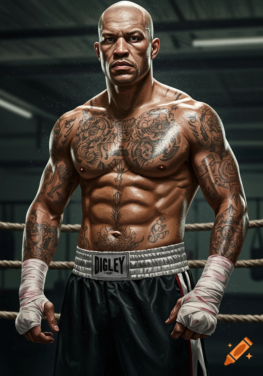 Photorealistic image of a bald, muscular, tattooed boxer with taped hands standing in a boxing ring, looking intensely at the camera.