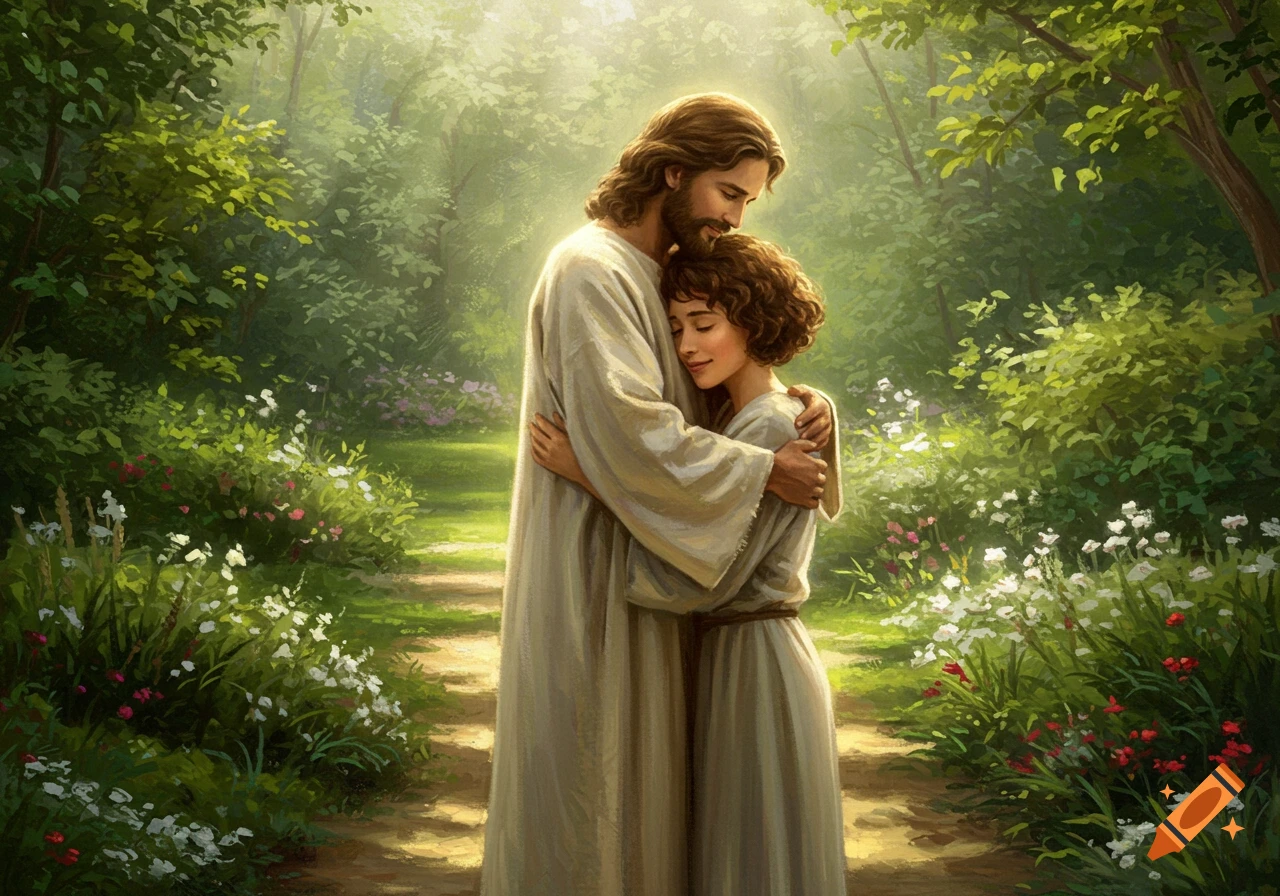 Jesus embraces a woman with curly brown hair in a brightly lit, lush forest with wildflowers.