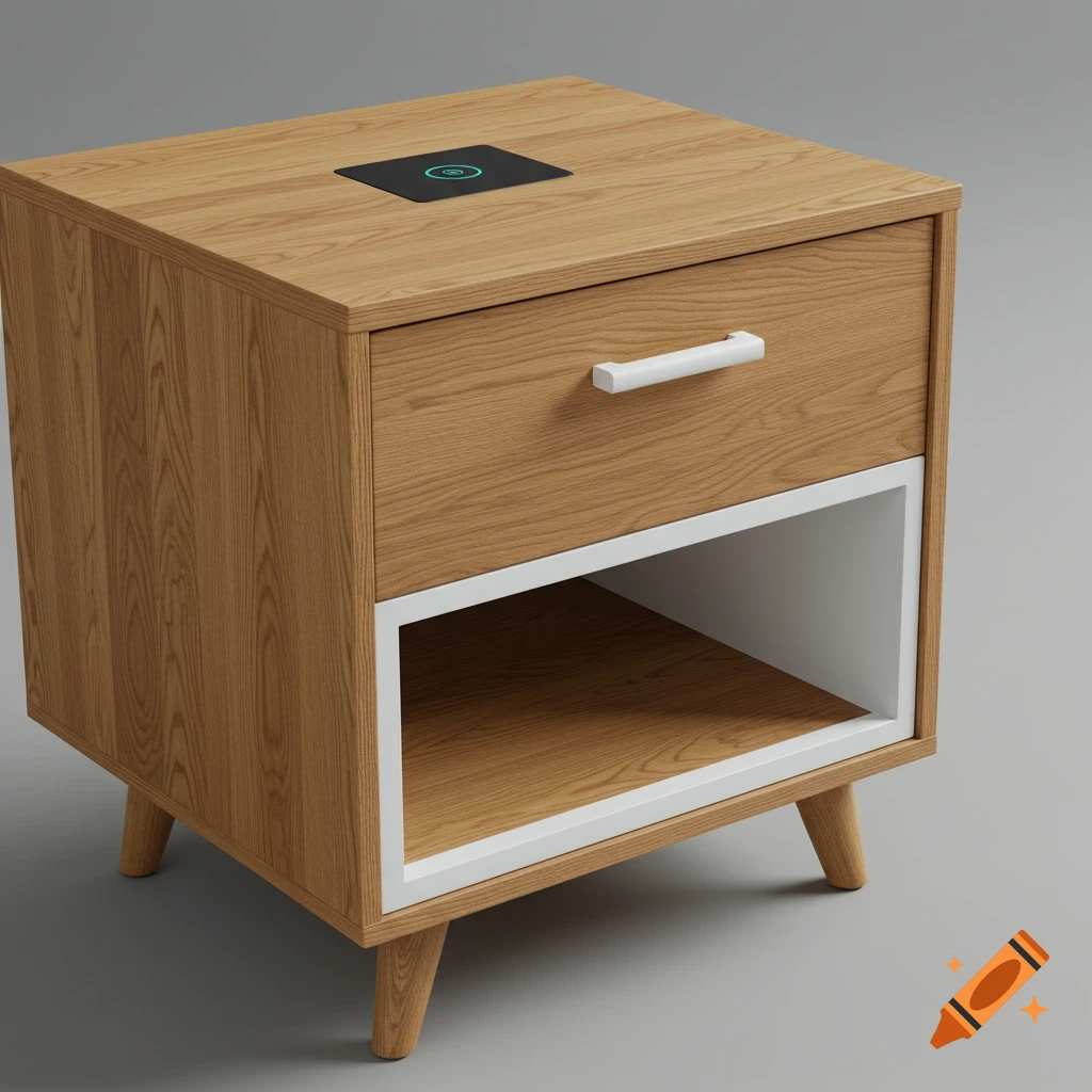 A photorealistic light oak bedside table with a wireless charging pad, single drawer, and open shelving.