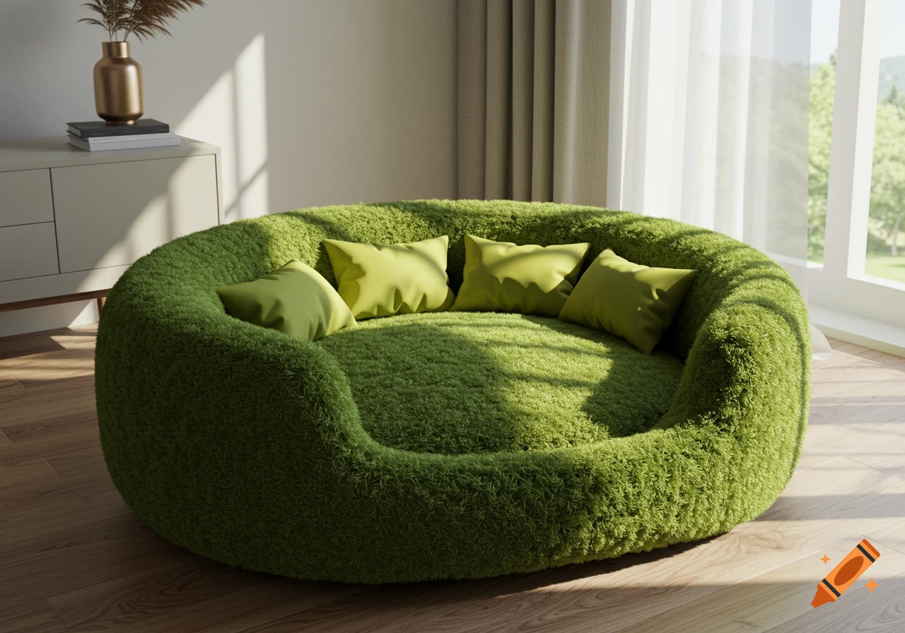 A photorealistic image of a unique, round green pet bed with light green pillows in a sunlit room.