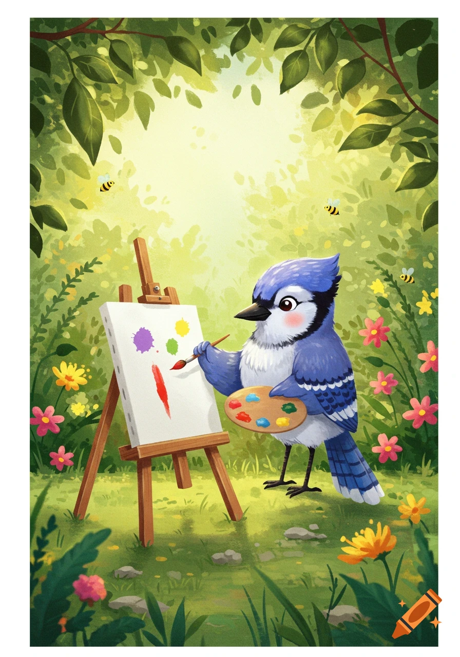 A cute cartoon blue jay painting on an easel in a lush green forest with flowers and bees.