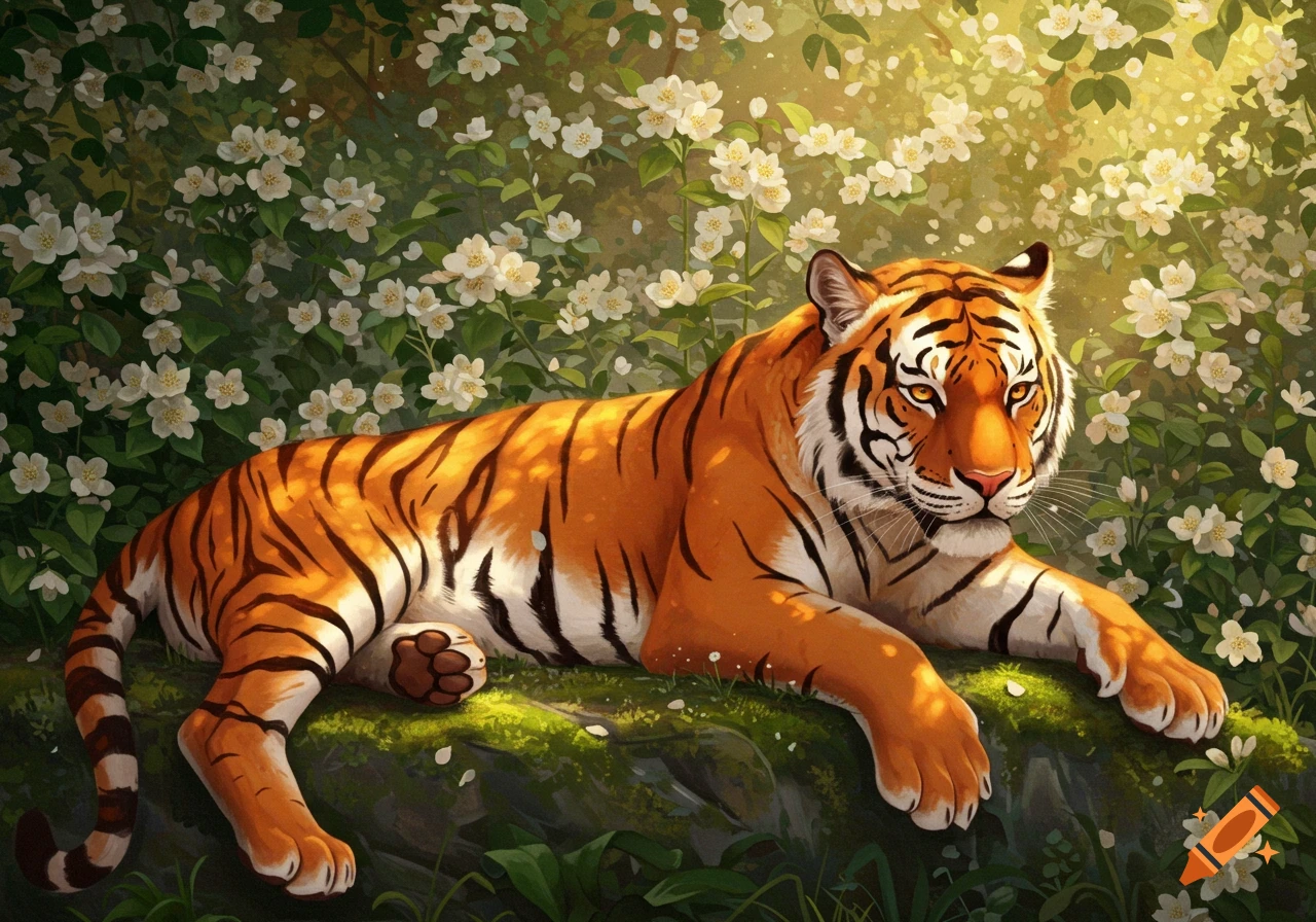 A majestic tiger lies on a mossy log surrounded by white jasmine flowers in dappled sunlight, digital painting.