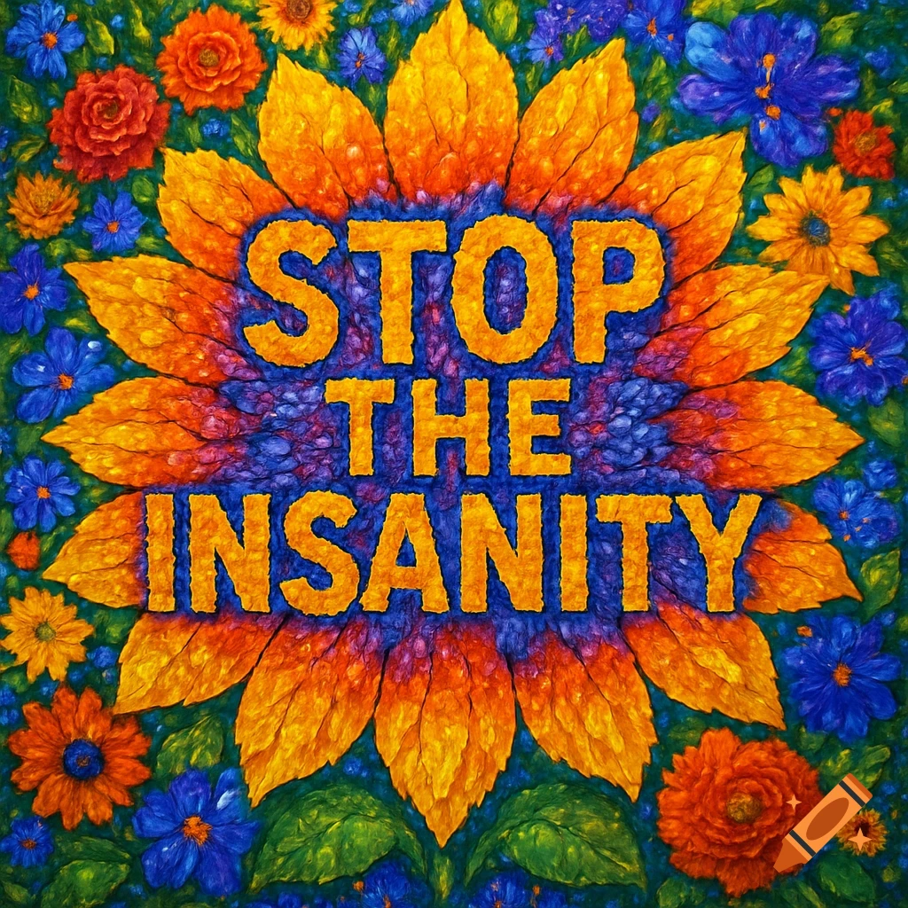 Vibrant flower mosaic with yellow and orange petals and blue background, displaying 'STOP THE INSANITY' in orange text.