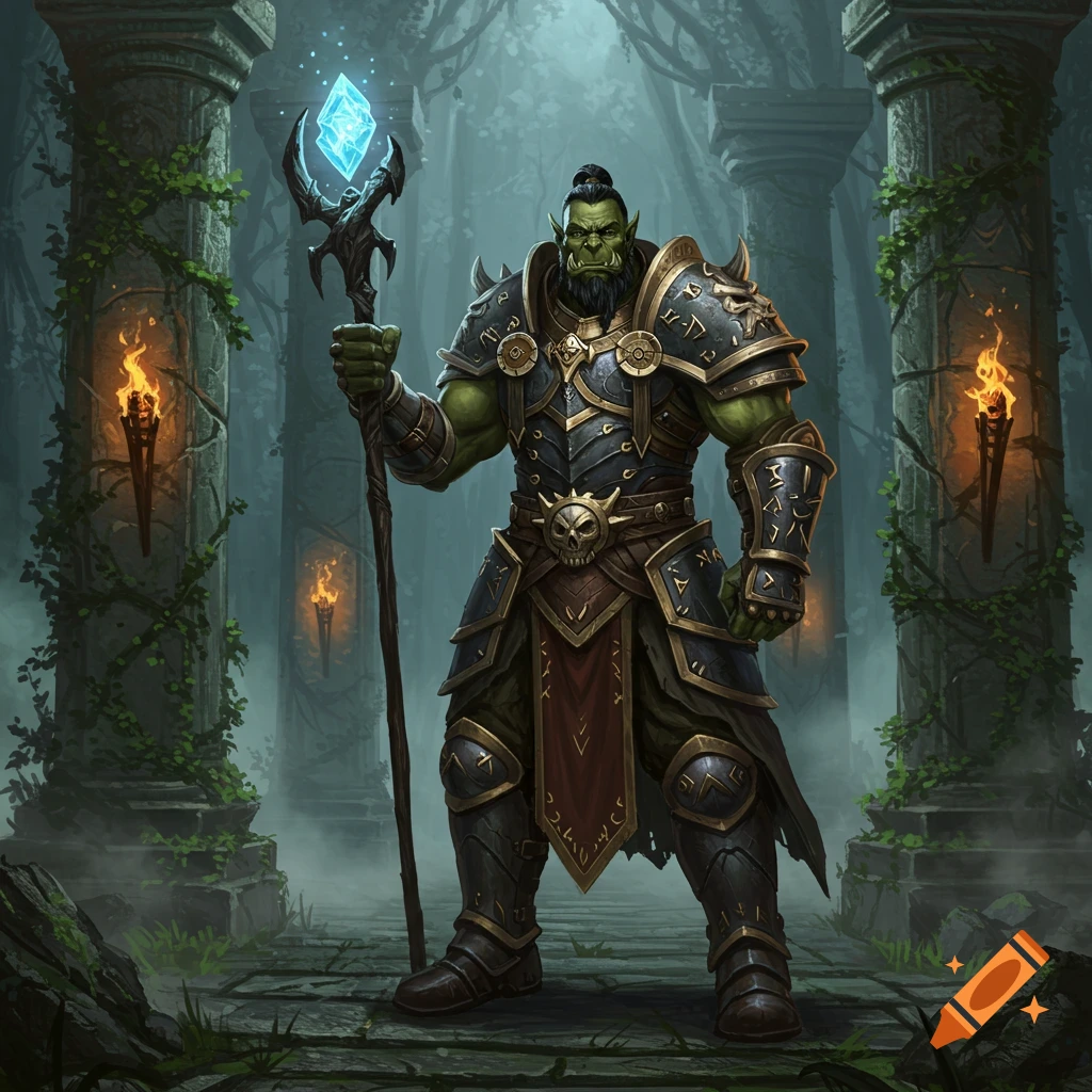 A detailed fantasy illustration of an armored orc holding a glowing staff amidst ancient ruins with lit torches.