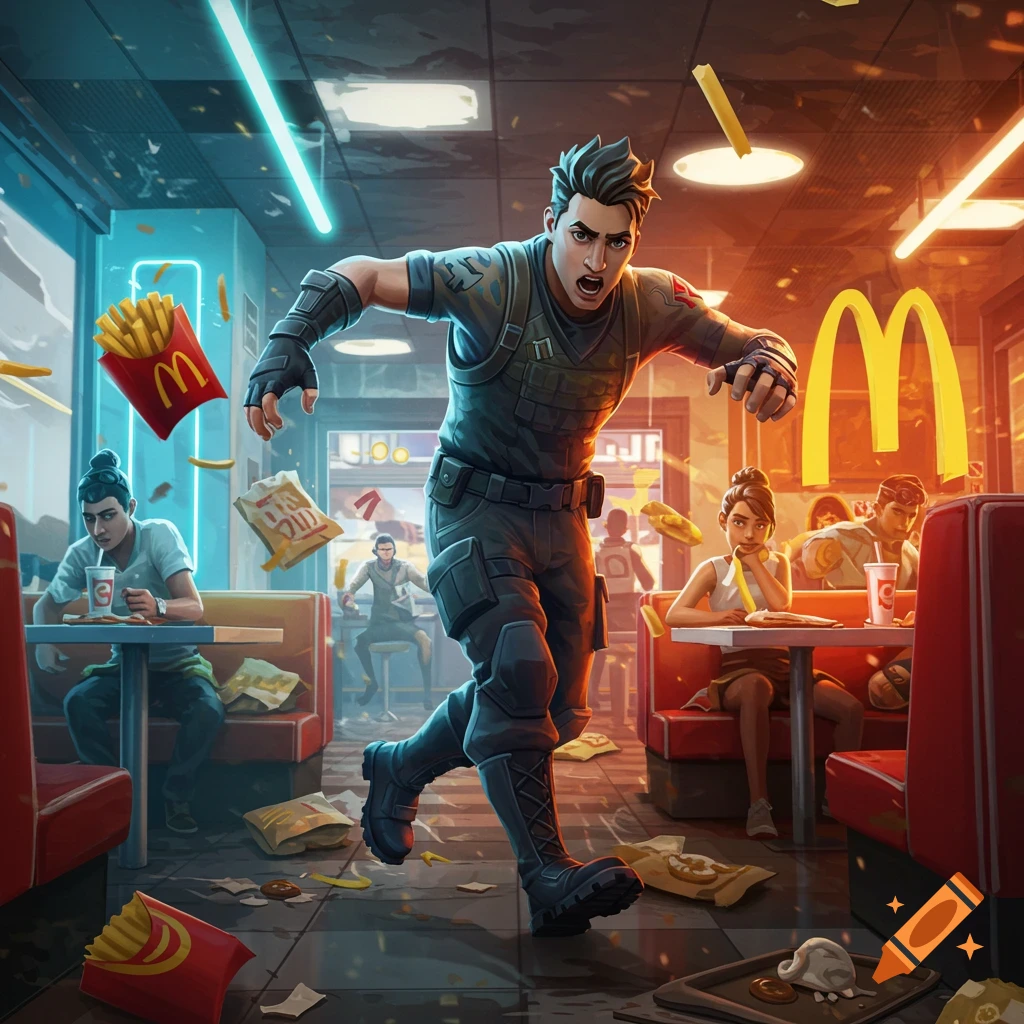 A stylized character resembling Fortnite's Jonesy lunges forward in a chaotic McDonald's, with french fries and wrappers scattered.