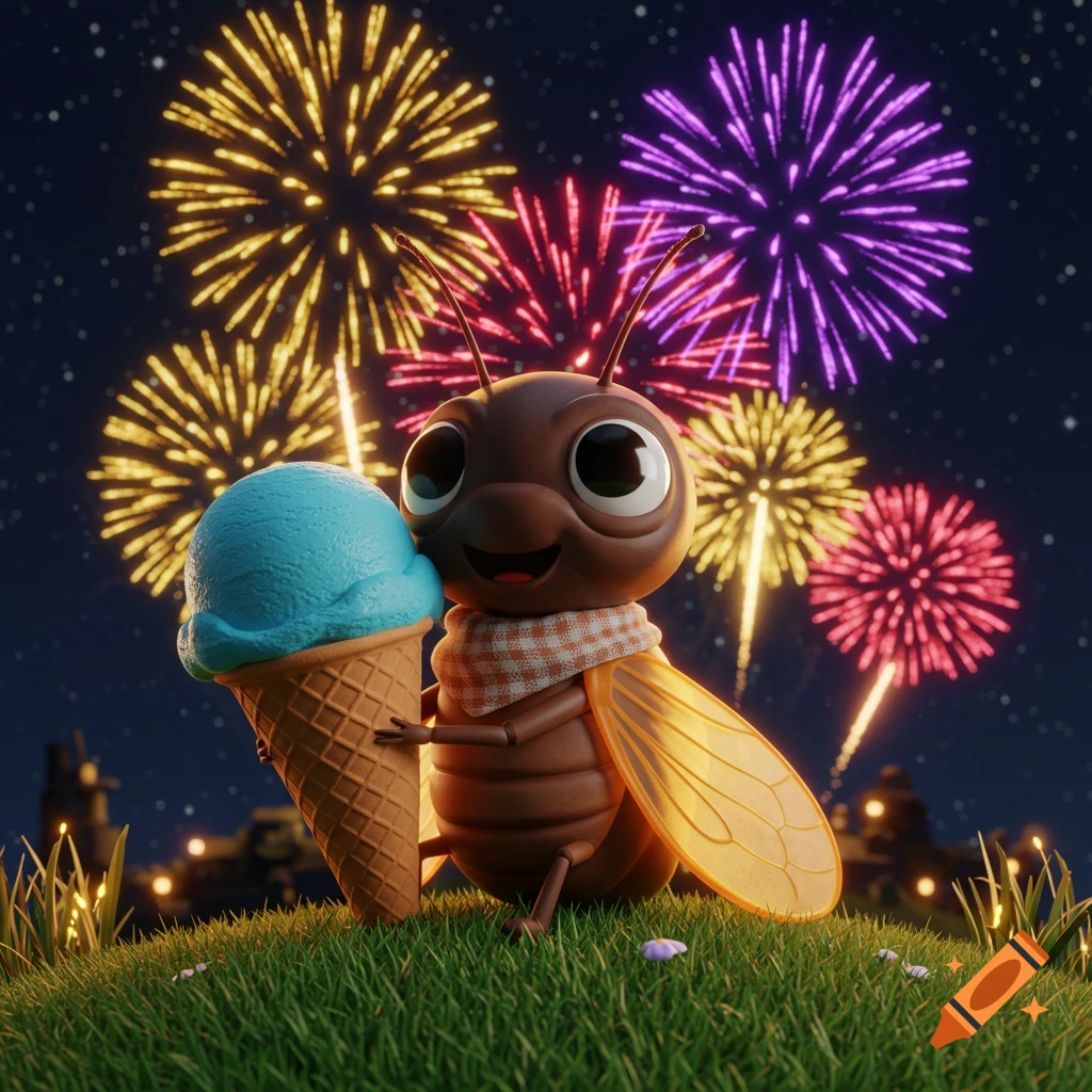 An adorable Pixar-style 3D render of a cicada holding a blue ice cream cone on a grassy hill with colorful fireworks at night.