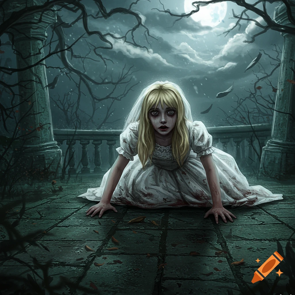 A blonde girl in a blood-stained white wedding dress crawls on a stone balcony under a full moon and dark, twisted trees, looking distressed.