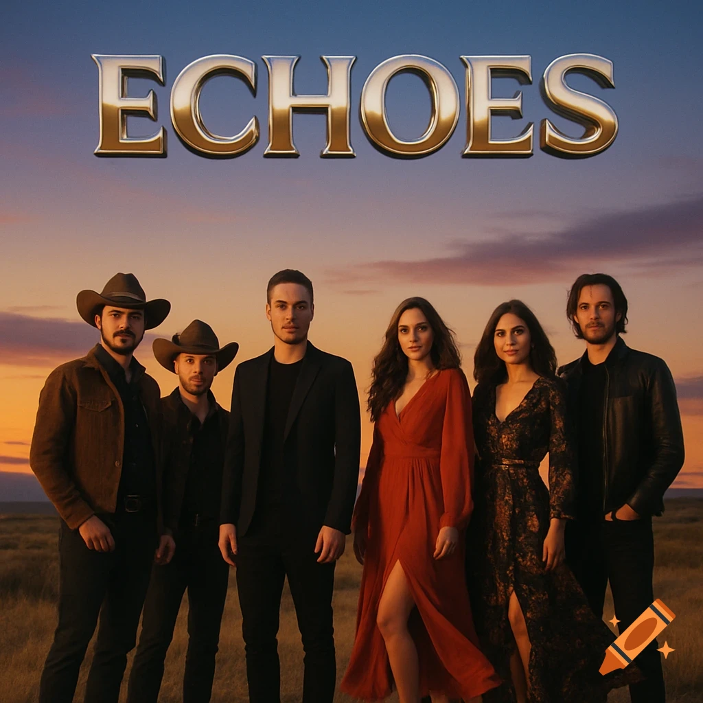 Five band members, two men in cowboy hats, two women, and one man, stand in a field at sunset with "ECHOES" text.