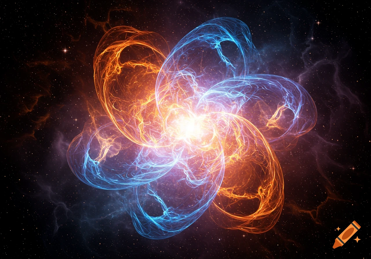 Abstract cosmic energy in orange and blue swirling lights with a bright core against a starry dark nebula background.