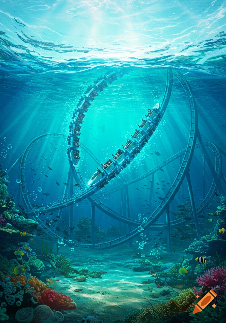 A futuristic roller coaster loops through a vibrant underwater coral reef with fish and sun rays.