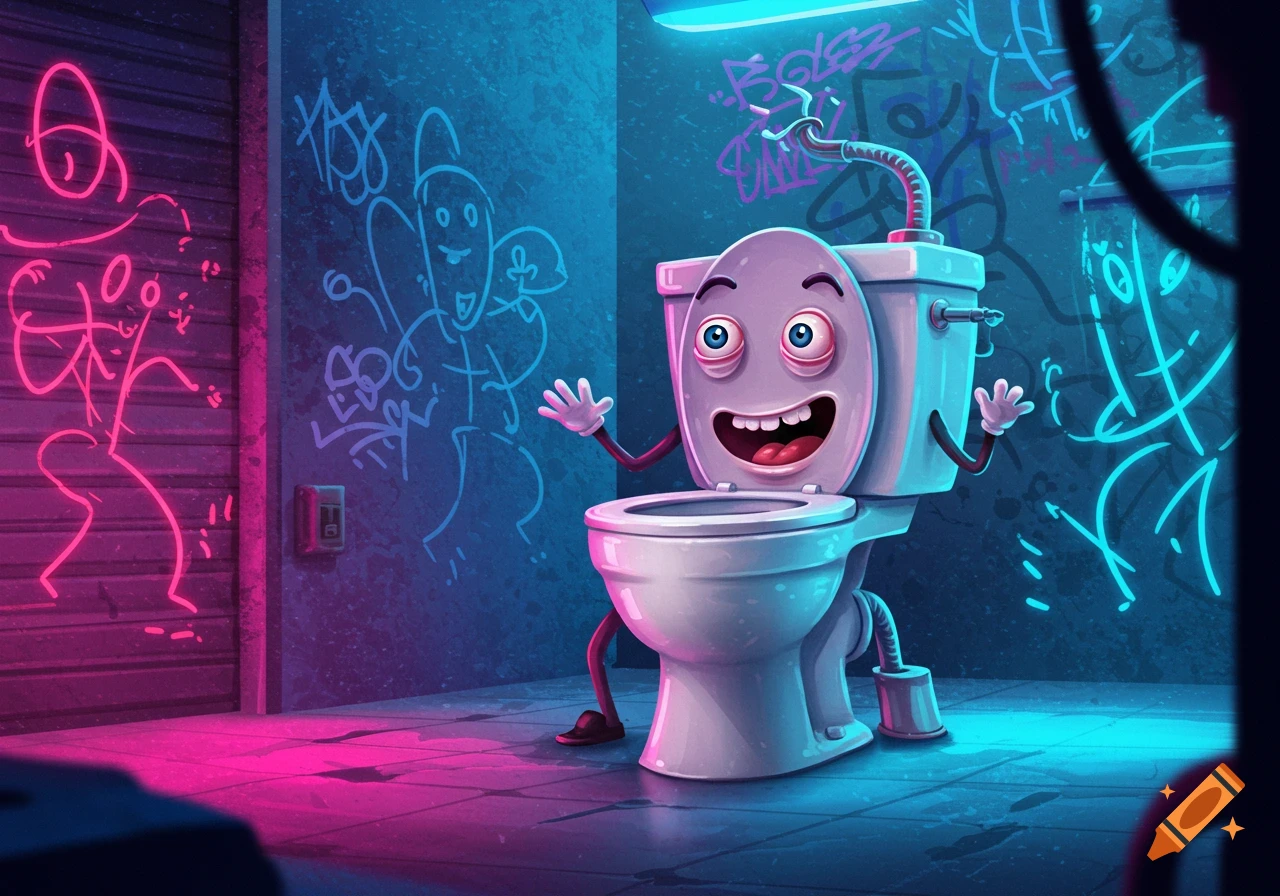 A whimsical cartoon toilet character stands in a neon-lit, graffiti-covered urban room.