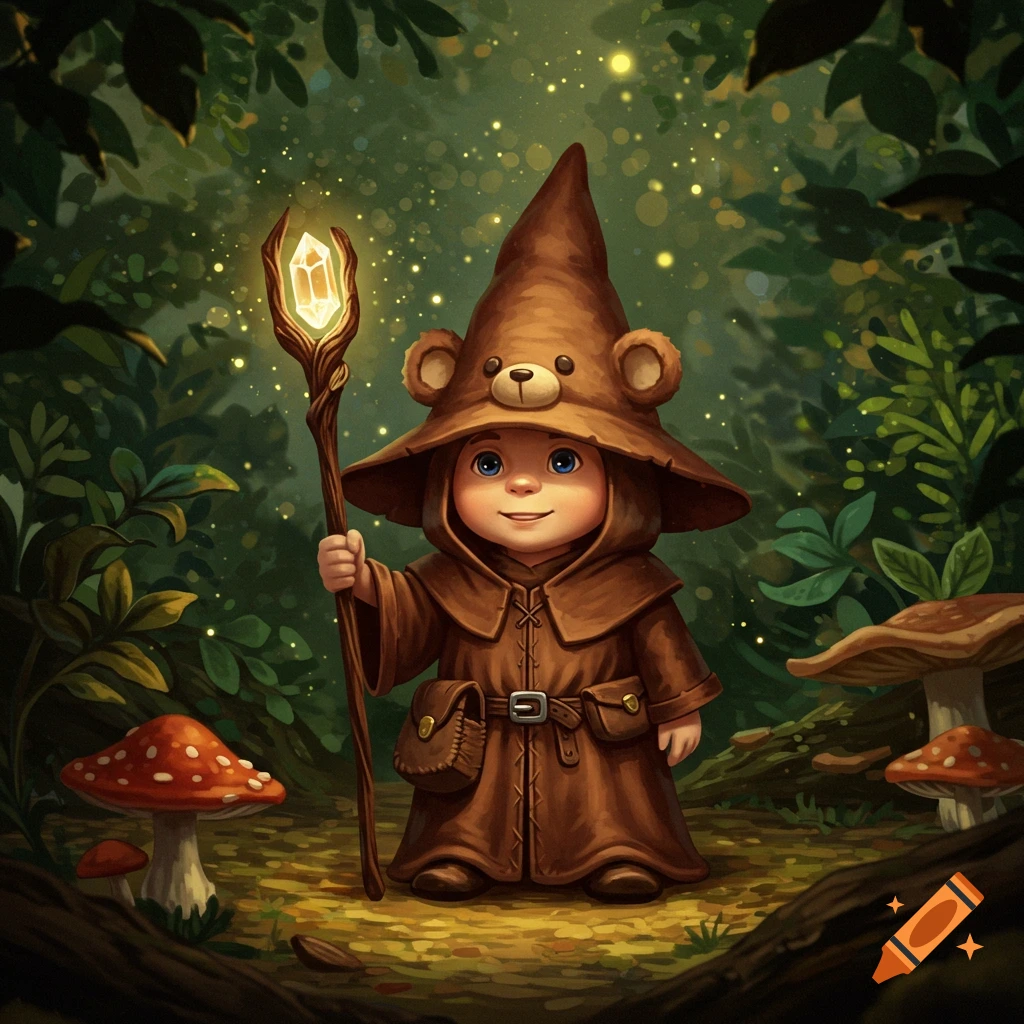 A cute gnome wizard wearing a brown robe and a teddy bear hat, holding a glowing staff in a magical forest with mushrooms.
