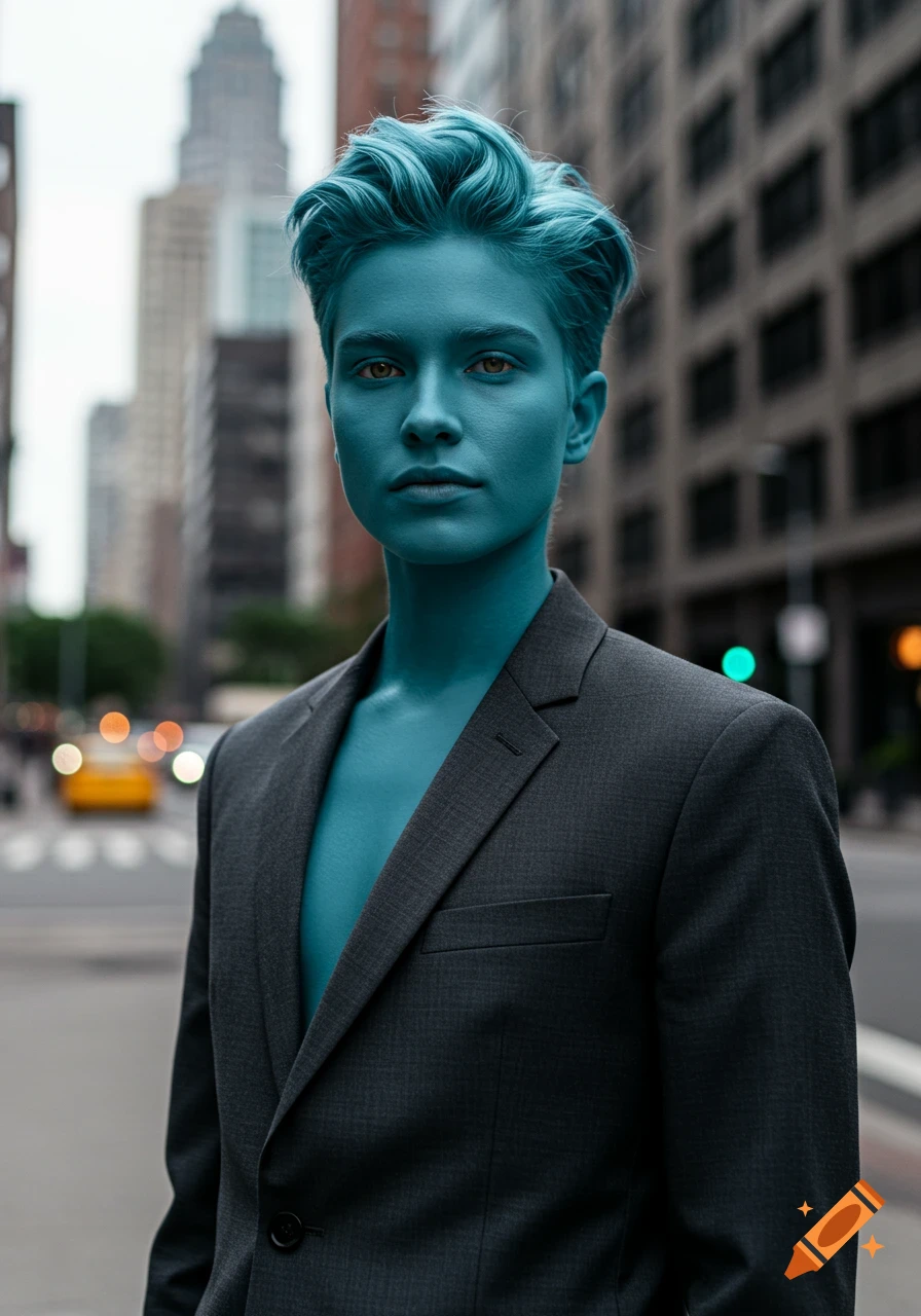 Photorealistic portrait of a person with blue skin and hair wearing a dark blazer, standing on a city street.