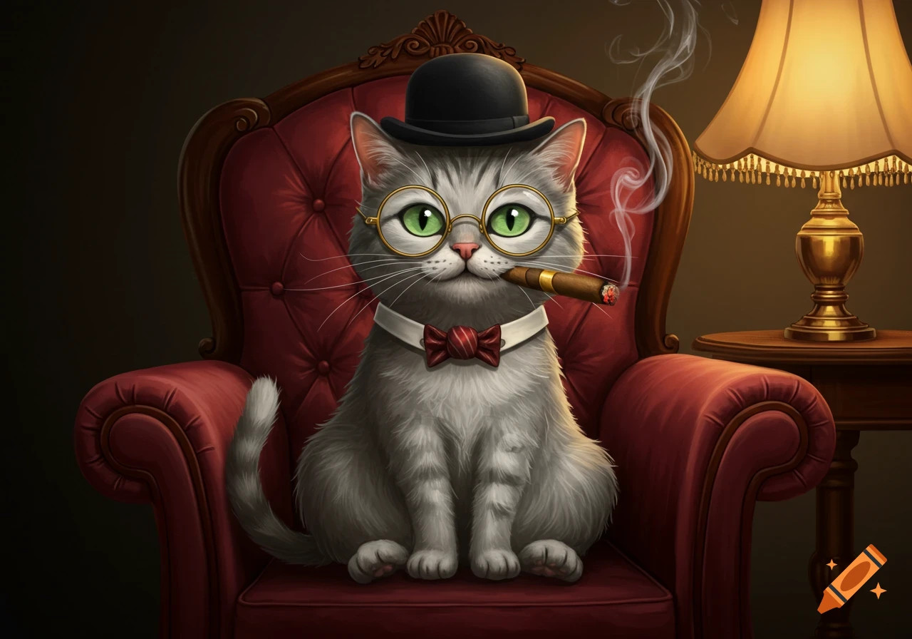 An anthropomorphic grey cat in a bowler hat, glasses, and bow tie sits in a red armchair, smoking a cigar, next to a lit lamp.