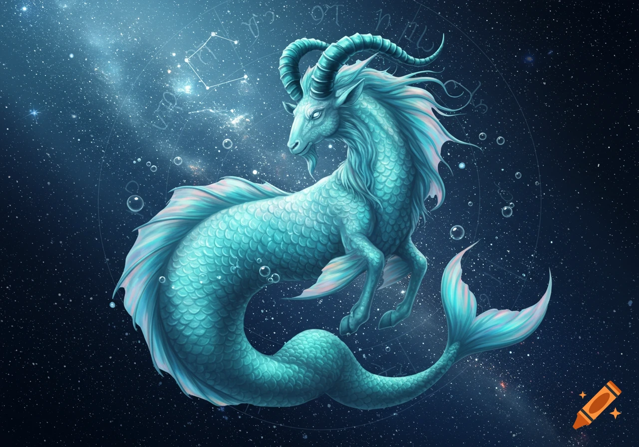 A majestic blue-green Capricorn, a creature with the head and forelegs of a goat and the tail of a fish, swims in a starry cosmic ocean with bubbles and faint zodiac constellations.