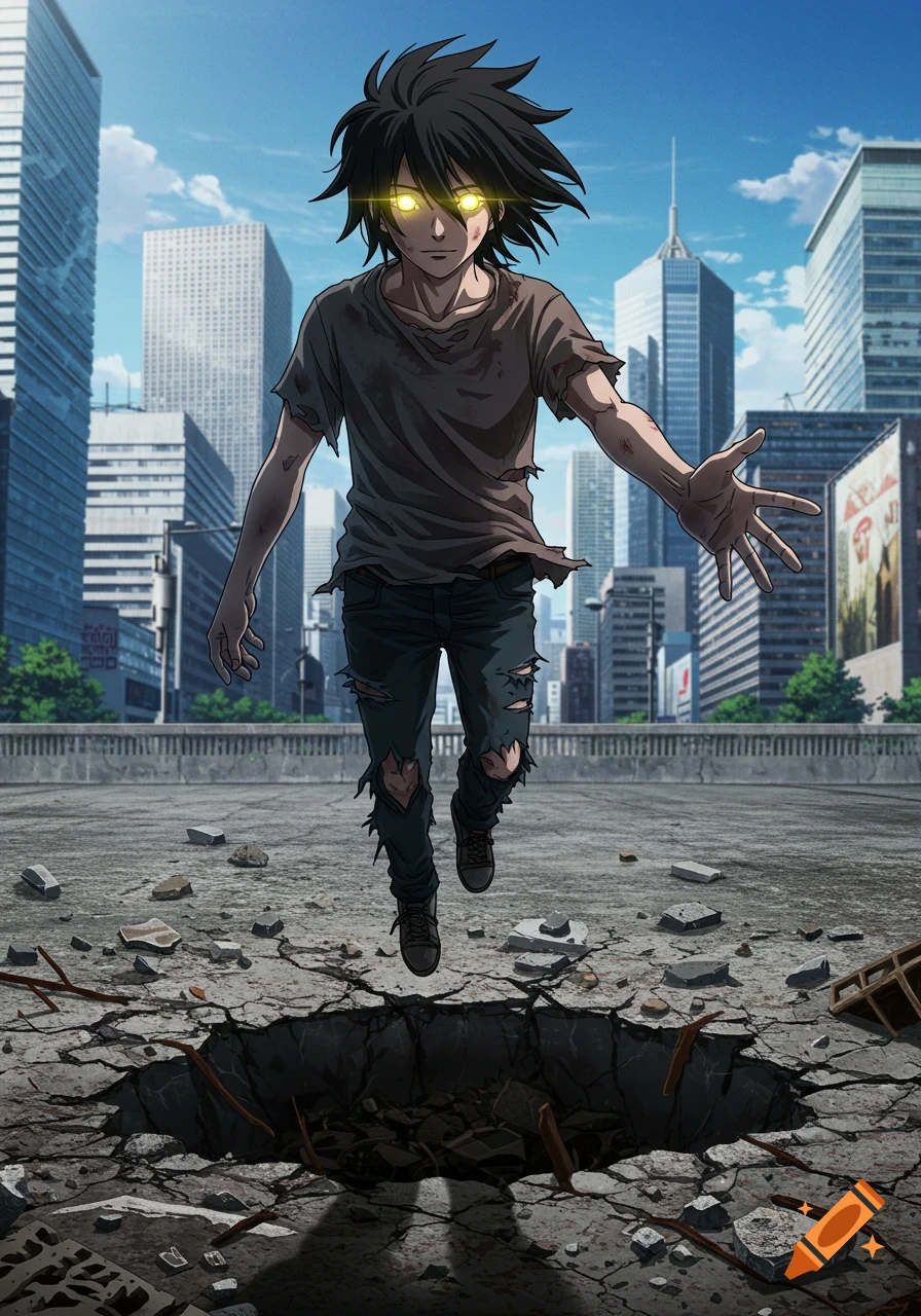 Anime young man with glowing yellow eyes, tattered clothes, floats above a crater in a city, reaching forward.