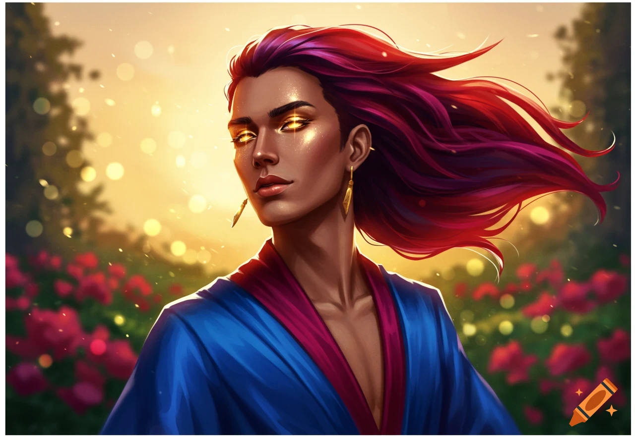 A vibrant digital painting of a person with glowing golden eyes and flowing red hair, wearing a blue robe in a sunny garden.