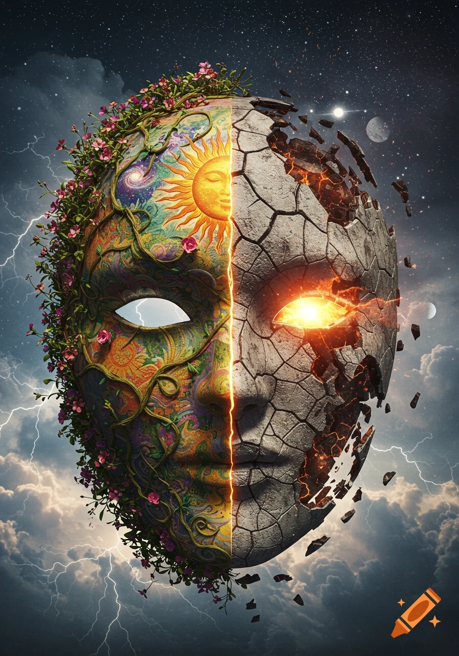 A mask split vertically: one side vibrant with flora and a sun, the other cracked stone with fiery eye, set against stormy and starry skies.