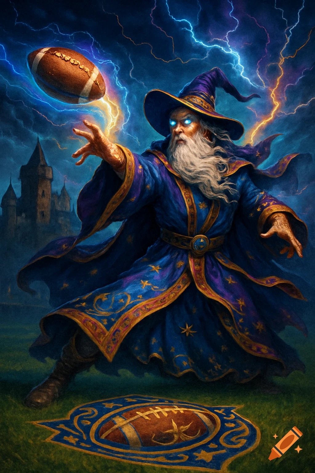 A powerful wizard in a blue robe with glowing eyes magically throws an American football under a stormy, lightning-filled sky.