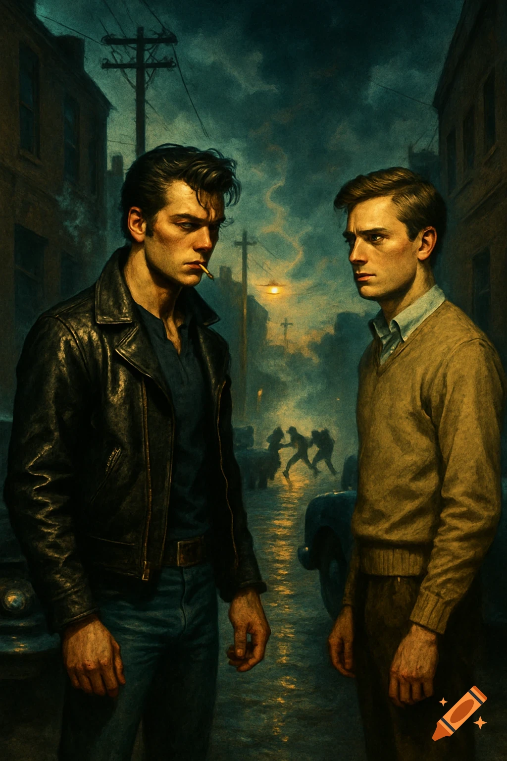 Two young men in a moody, painterly street scene at night. One, a greaser type, smokes a cigarette; the other stands nearby.