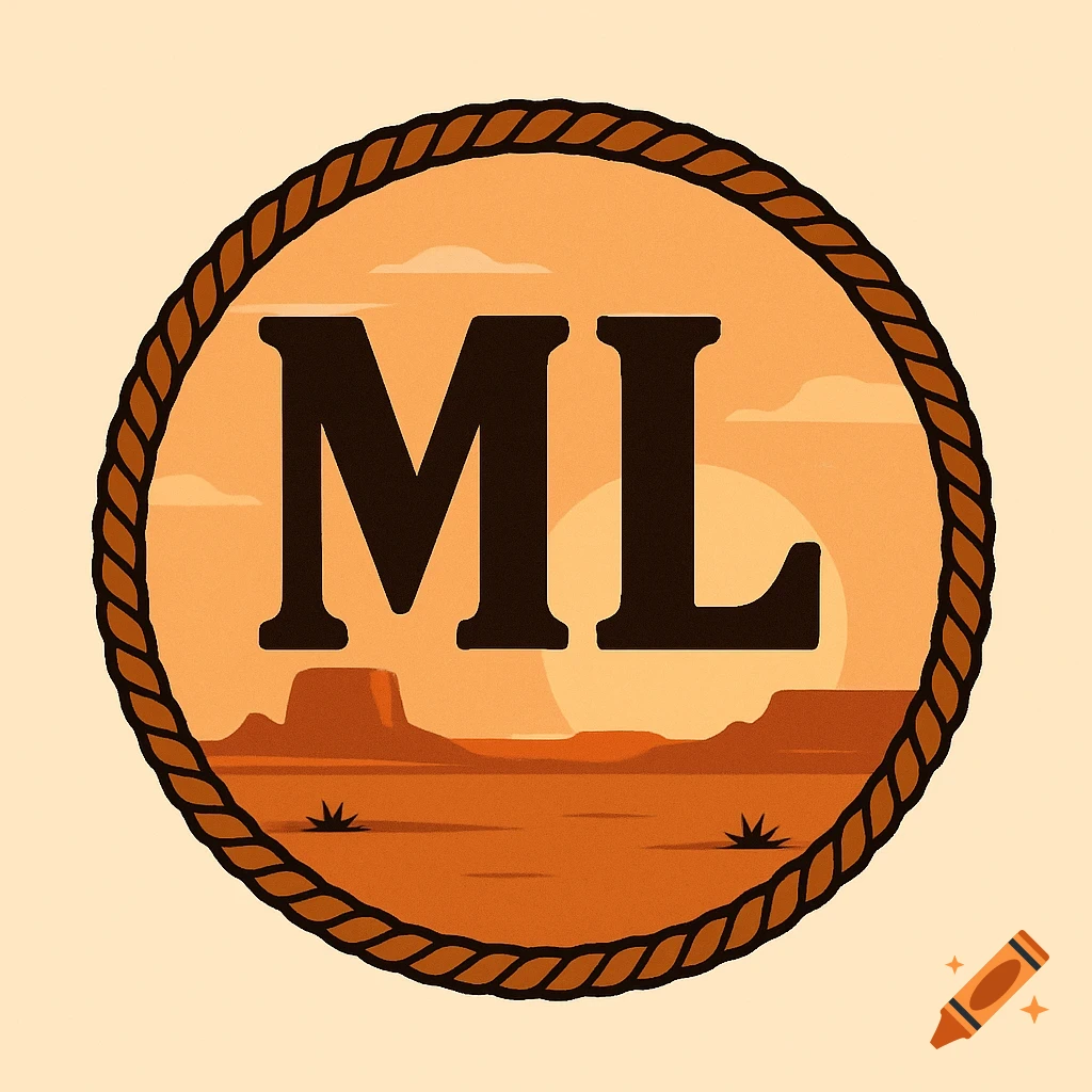 A western-style logo featuring the letters ML in dark brown, set against an orange desert landscape with mesas and a bright sun, all enclosed by a brown rope border.