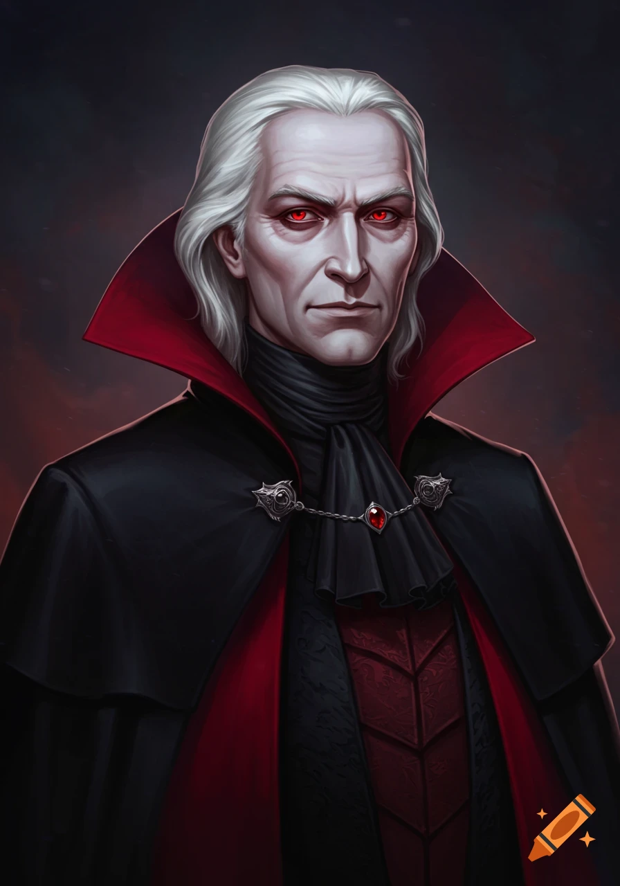 A digital painting of a pale, white-haired man with red eyes in a black and red vampire-like outfit.