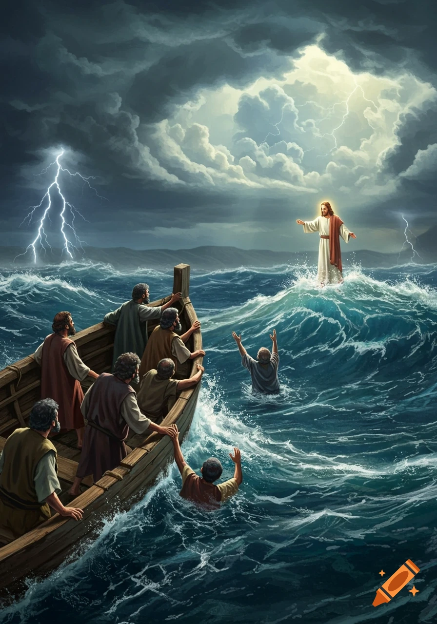 Jesus walks on stormy water towards a boat filled with scared disciples, reaching for Peter who is sinking.