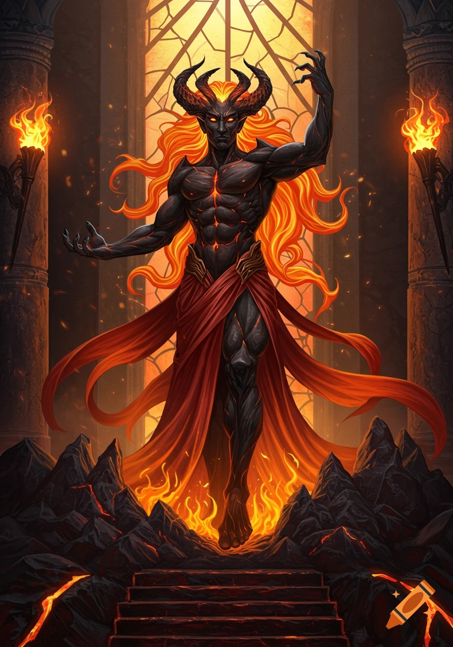 A powerful, dark-skinned horned demon-like figure with fiery hair, stands on molten rock in a temple, surrounded by flames.