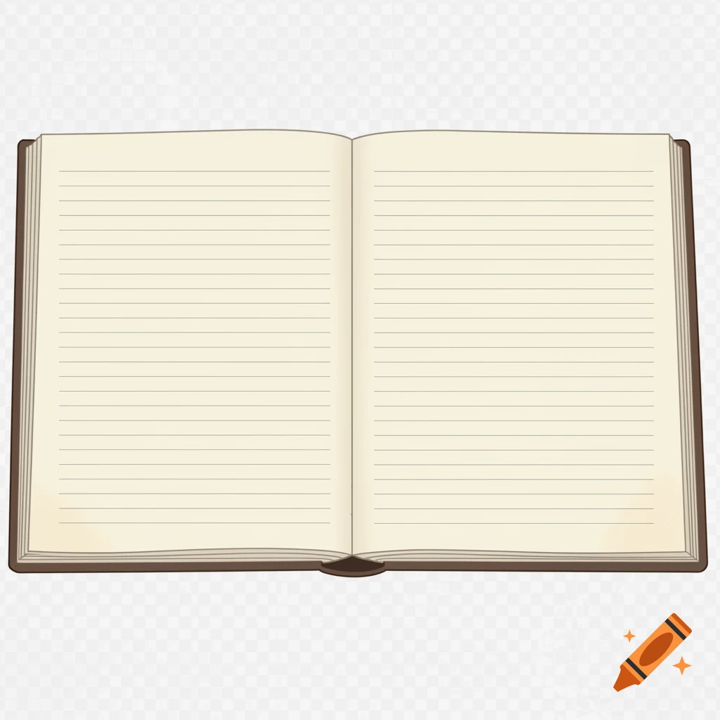 An open, blank notebook with lined, cream-colored pages and a brown cover, presented as a vector clipart with a transparent background.