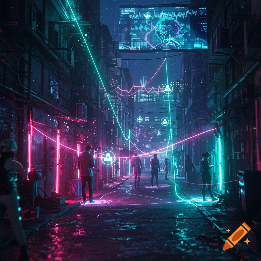 A cyberpunk city street at night with glowing neon lines connecting people and digital screens showing data.