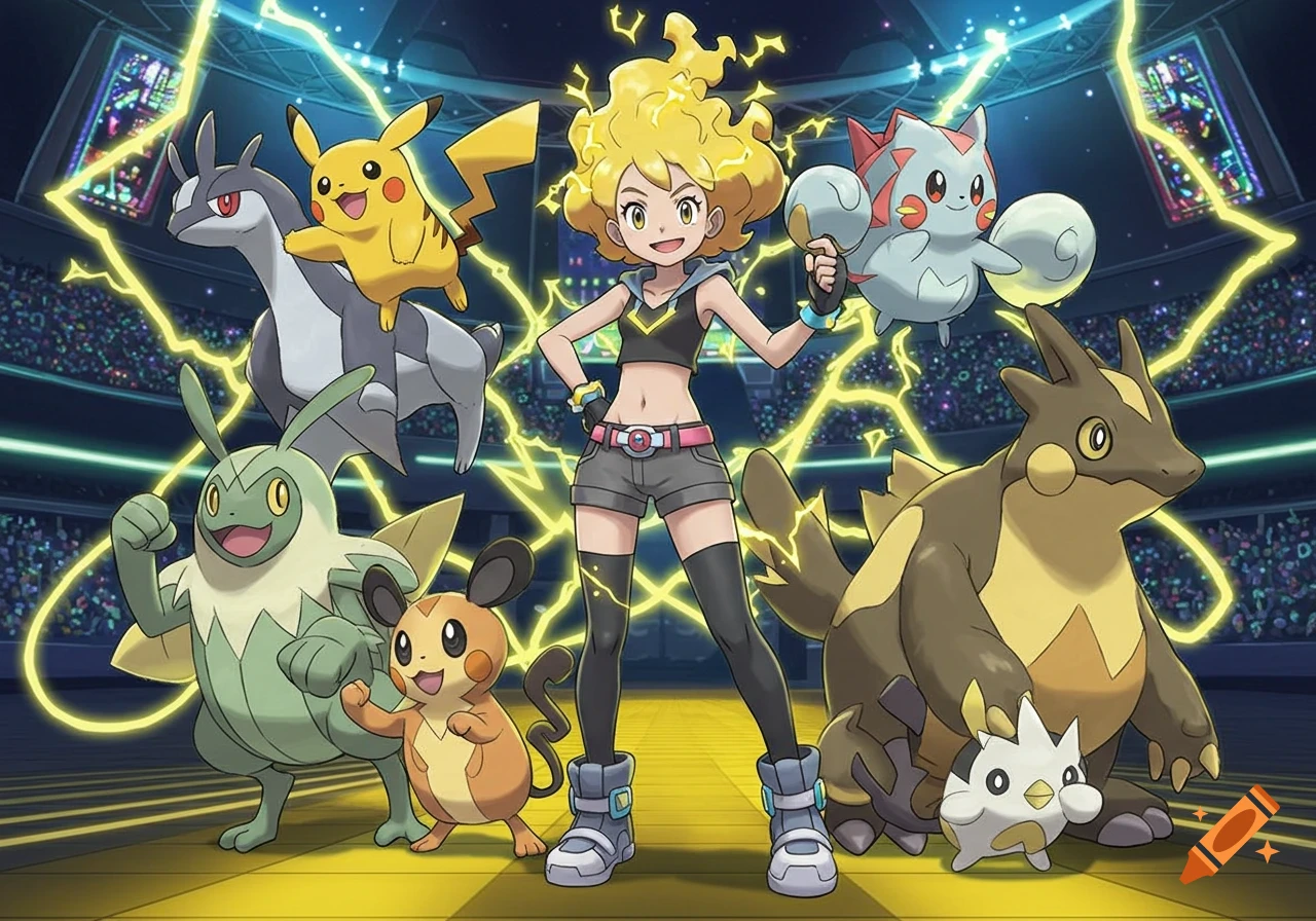 An anime-style image of a young female Pokemon trainer with spiky yellow hair, surrounded by six Pokemon in an arena with lightning effects.