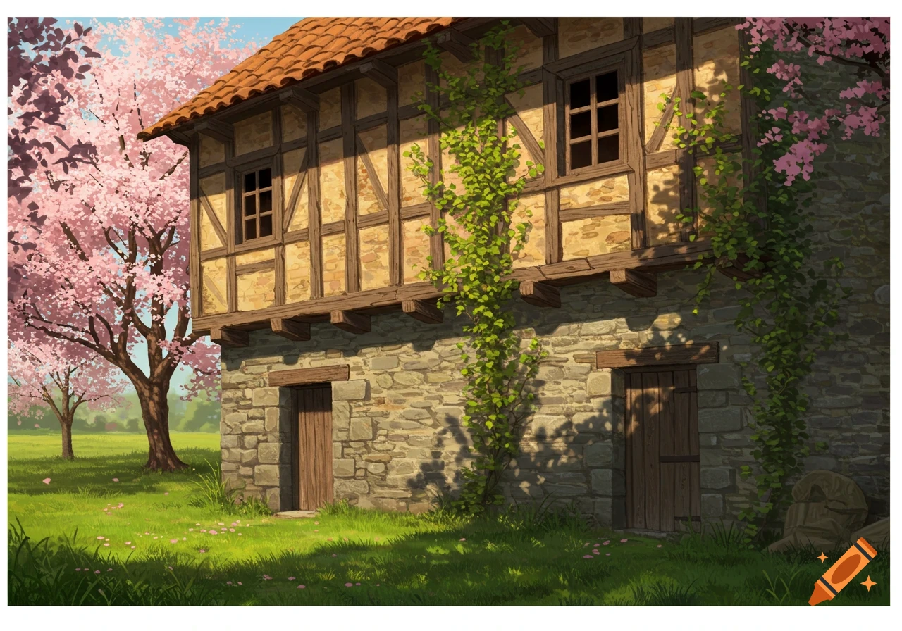 An illustration of an old stone and timber-framed house with a tiled roof, surrounded by a lush green lawn and pink blossoming trees under a bright sky.