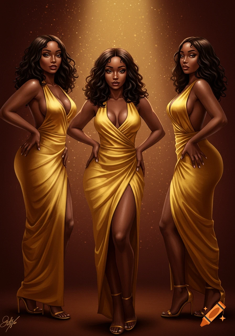 Three identical Black women in golden dresses with deep V-necks and high slits pose elegantly against a warm, speckled background.