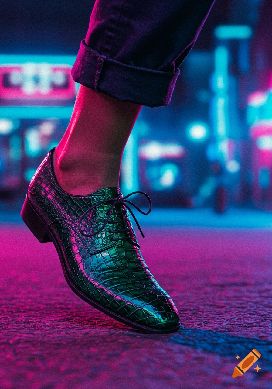 A person's foot in a green crocodile-textured shoe standing on pavement under vibrant pink and blue neon lights.