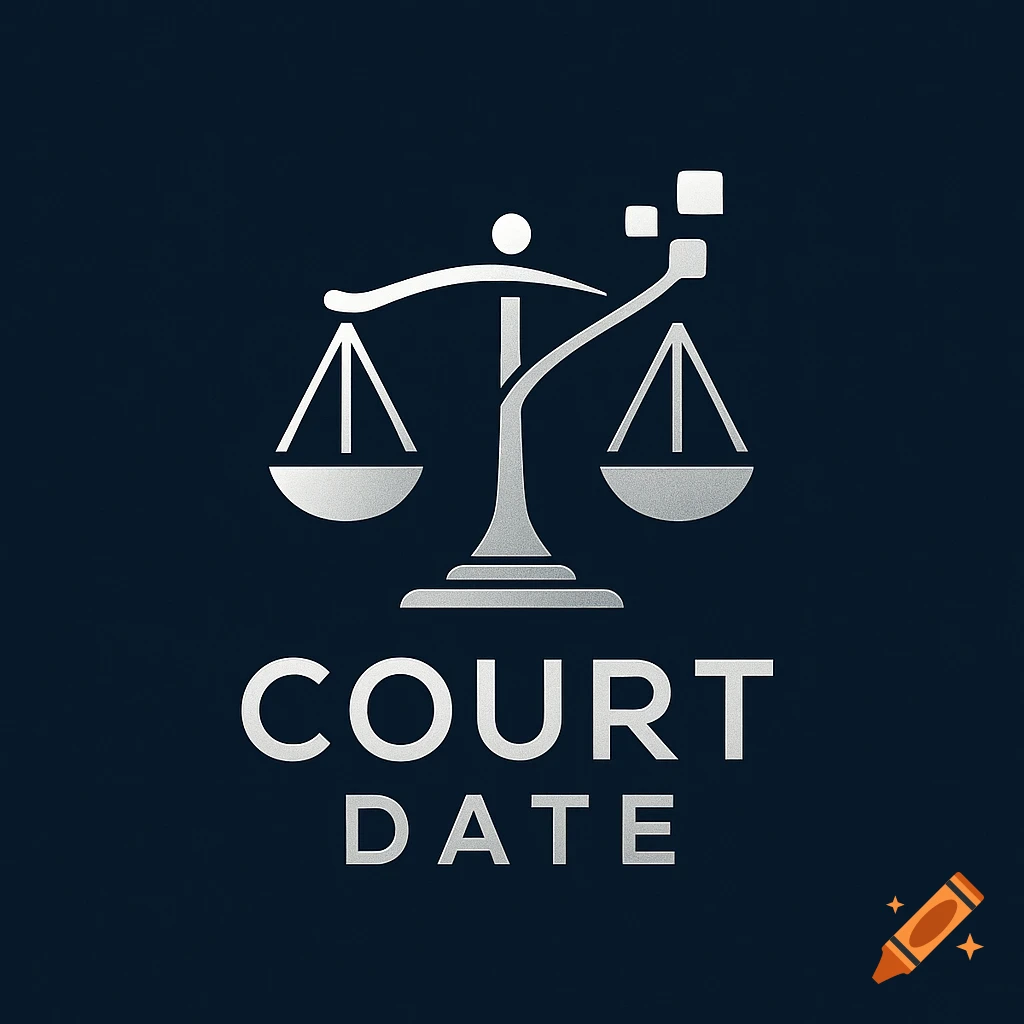 A silver logo on a dark background depicting scales of justice with digital elements, and the words COURT DATE below.