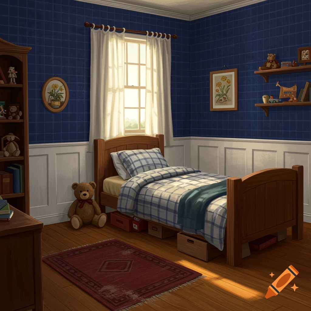 A cozy boy's bedroom with blue plaid wallpaper, a wooden bed, a red rug, and shelves filled with toys and books, bathed in sunlight from a window.